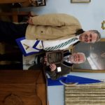 Masonic Home Ambassador Brother Ray Mauk presents Worshipful David King with Freedom's Morklock Award.